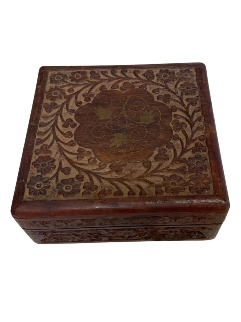 Vintage Hand Carved Wooden Jewelry Trinket Box Brass Inlay Blue Velvet Lined